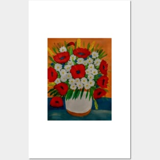 poppies that I painted with three different reds and some daisy's and long grass in white and bronze vase. Posters and Art